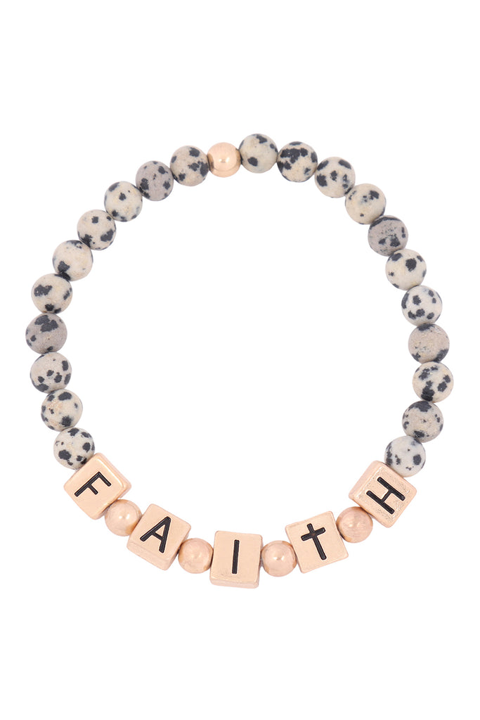 QB2147 - "FAITH" METAL BLOCK NATURAL STONE STRETCH BRACELET
