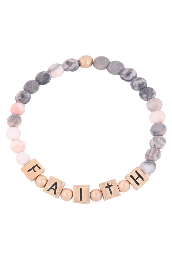 QB2147 - "FAITH" METAL BLOCK NATURAL STONE STRETCH BRACELET