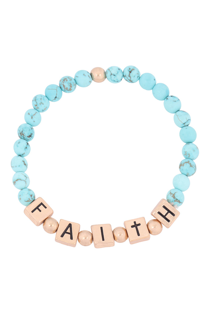 QB2147 - "FAITH" METAL BLOCK NATURAL STONE STRETCH BRACELET