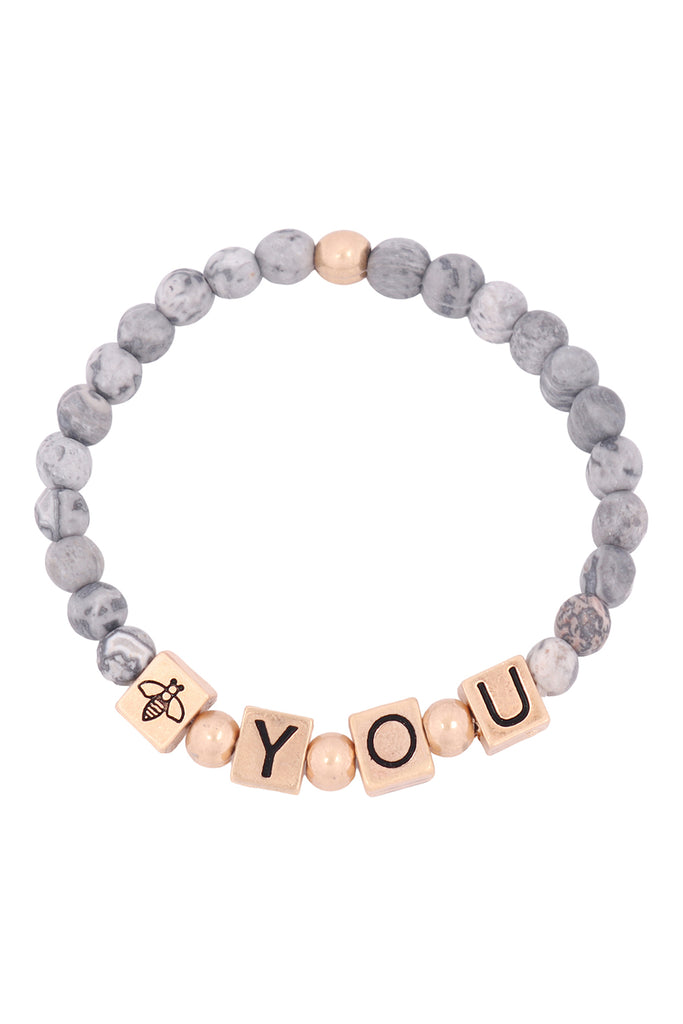 QB2148 - "Y.O.U." METAL BLOCK NATURAL STONE STRETCH BRACELET