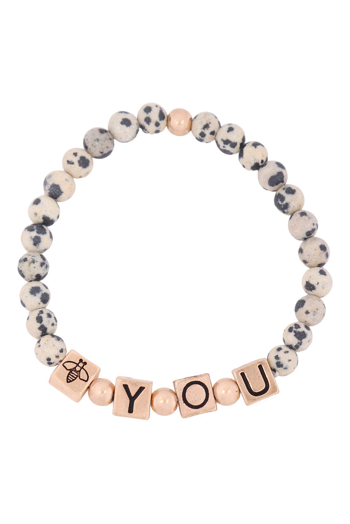 QB2148 - "Y.O.U." METAL BLOCK NATURAL STONE STRETCH BRACELET