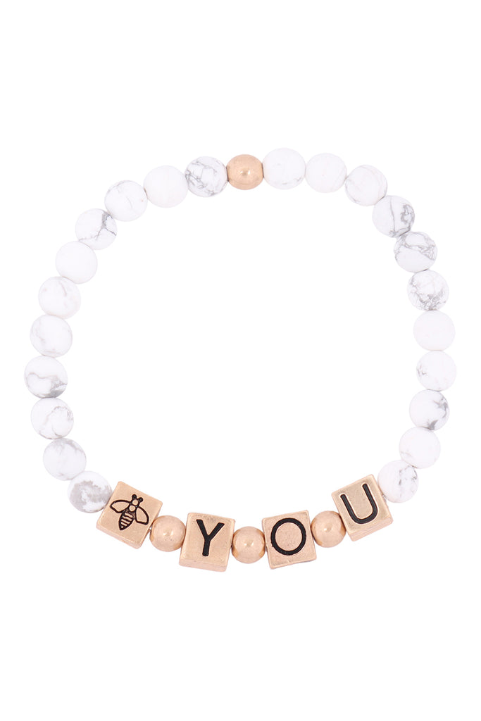 QB2148 - "Y.O.U." METAL BLOCK NATURAL STONE STRETCH BRACELET
