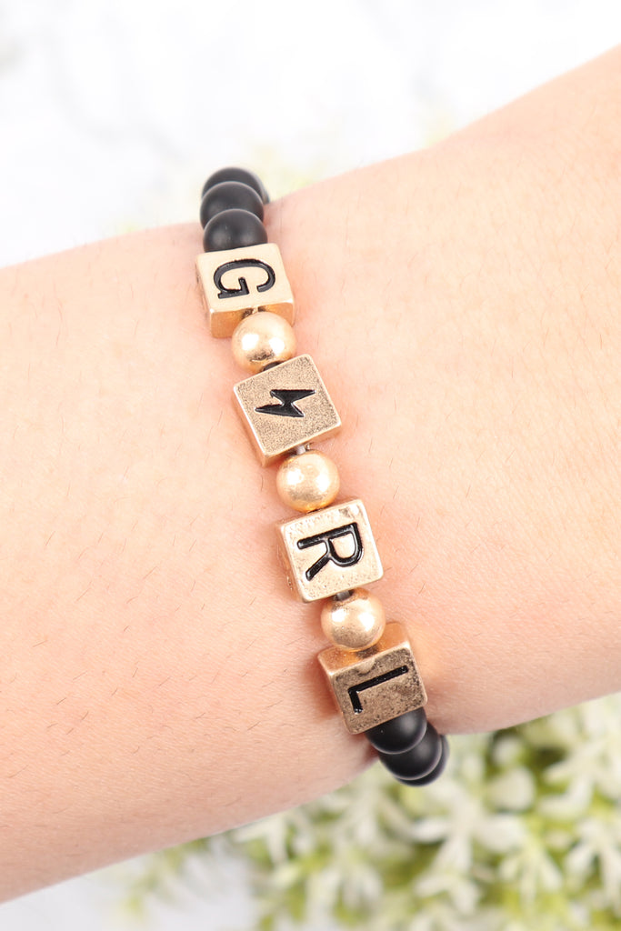 QB2150 - "GIRL" METAL BLOCK NATURAL STONE STRETCH BRACELET