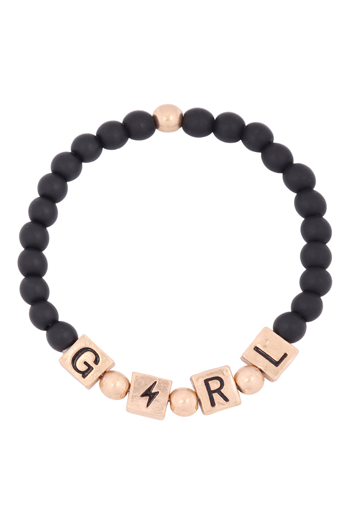 QB2150 - "GIRL" METAL BLOCK NATURAL STONE STRETCH BRACELET