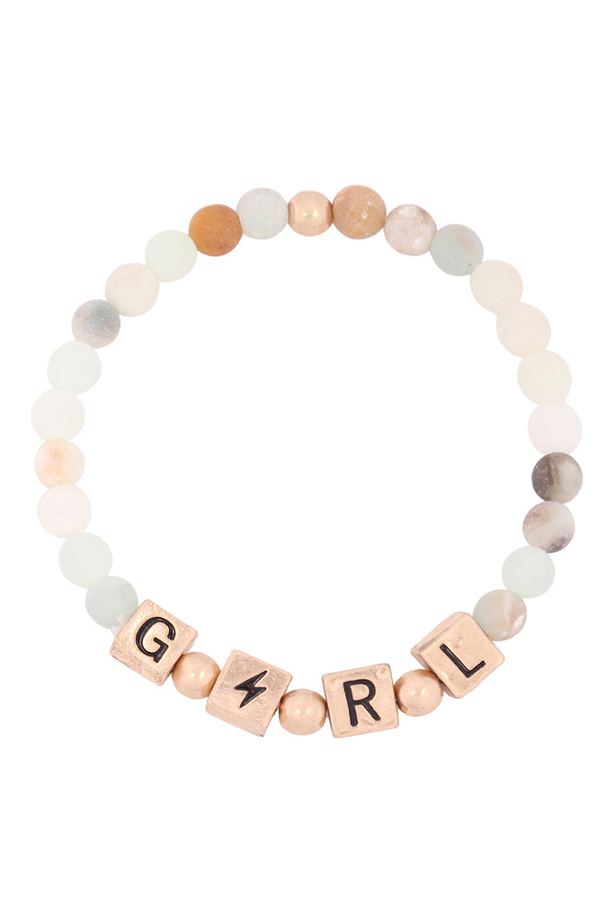 QB2150 - "GIRL" METAL BLOCK NATURAL STONE STRETCH BRACELET