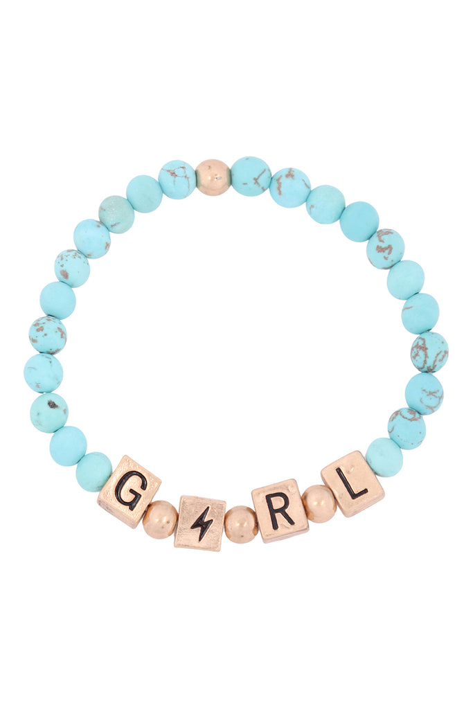 QB2150 - "GIRL" METAL BLOCK NATURAL STONE STRETCH BRACELET