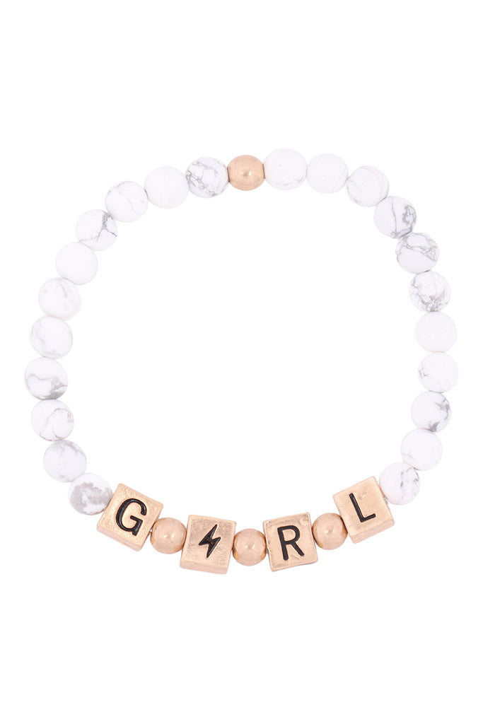 QB2150 - "GIRL" METAL BLOCK NATURAL STONE STRETCH BRACELET