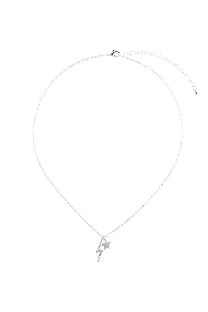 LIGHTNING & STAR PAVE CUBIC ZIRCONIA PENDANT BRASS NECKLACE
