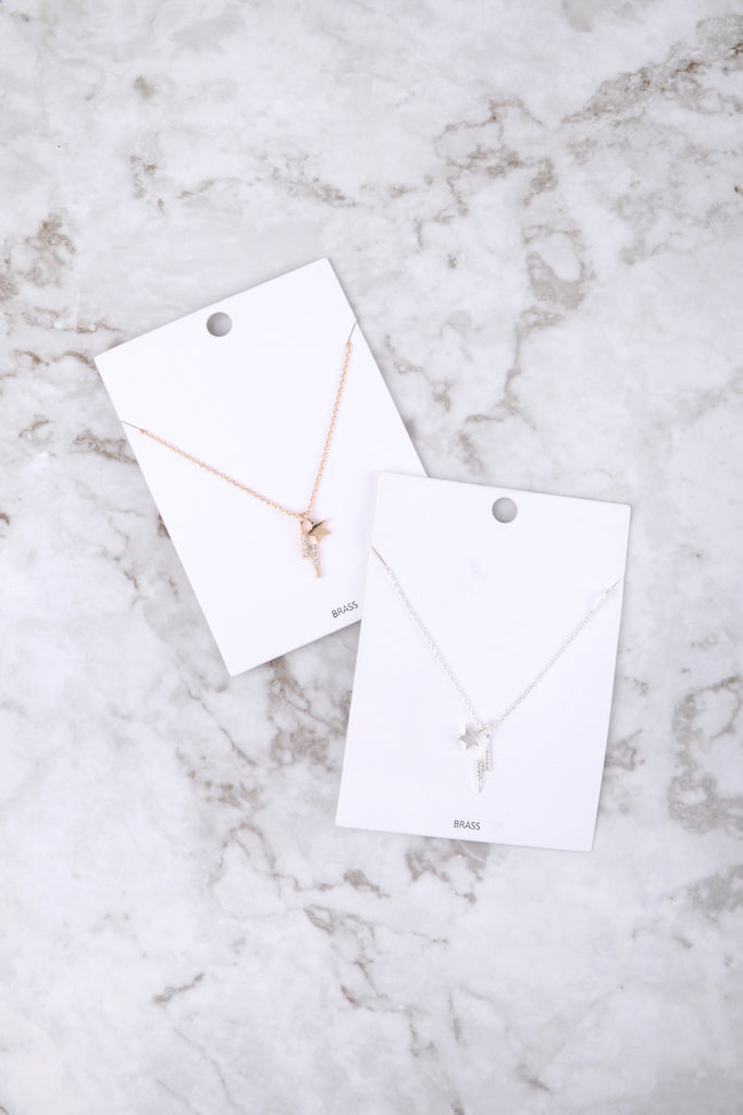 LIGHTNING & STAR PAVE CUBIC ZIRCONIA PENDANT BRASS NECKLACE