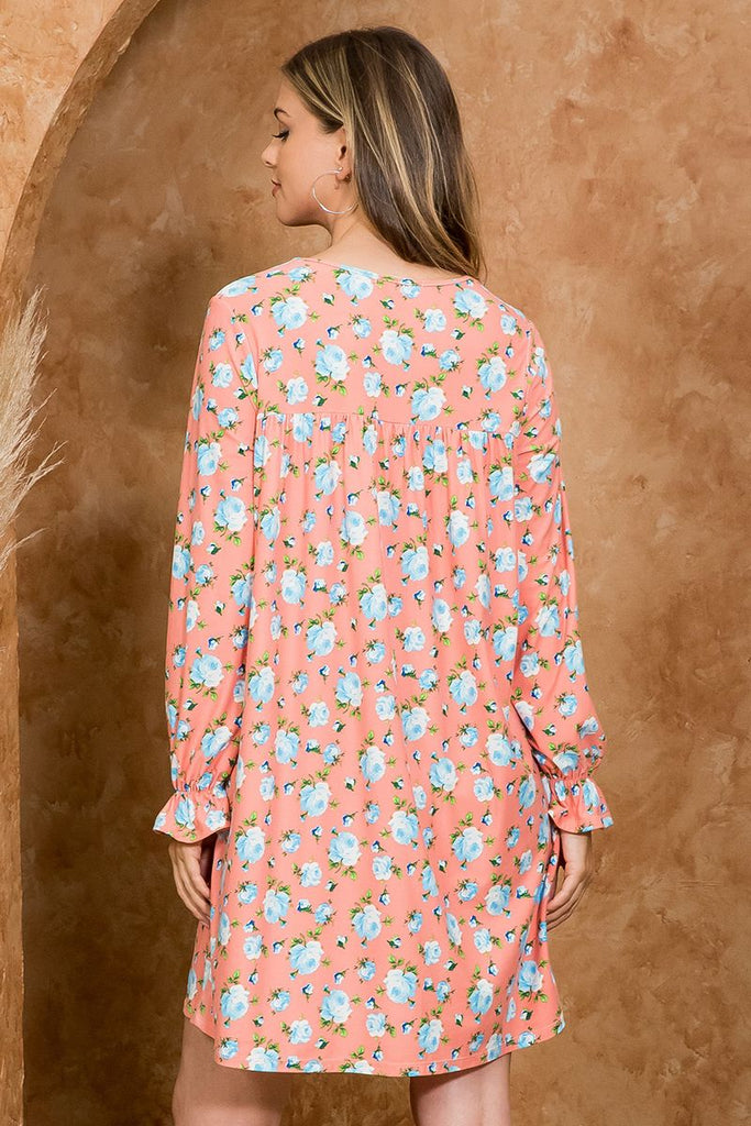 Ruffle Long Sleeve Shirring Detail Floral Dress