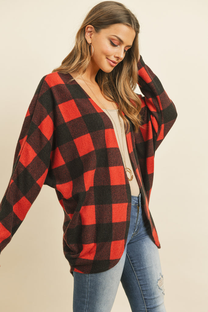 Plaid Brushed Long Sleeved Open Cardigan