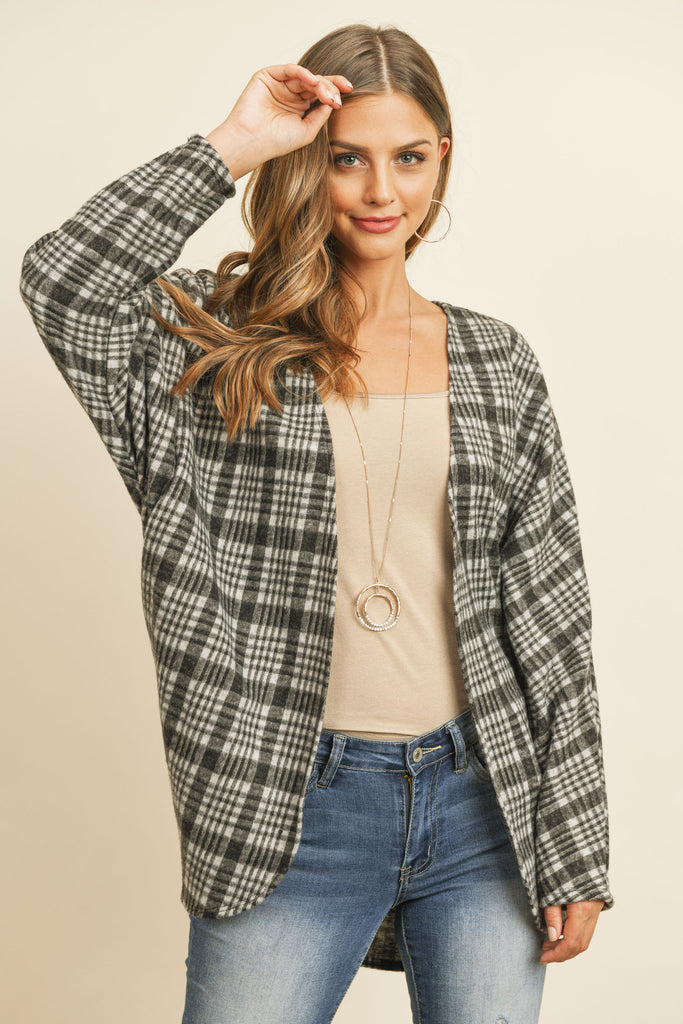 Plaid Round Hem Pocket Open Cardigan