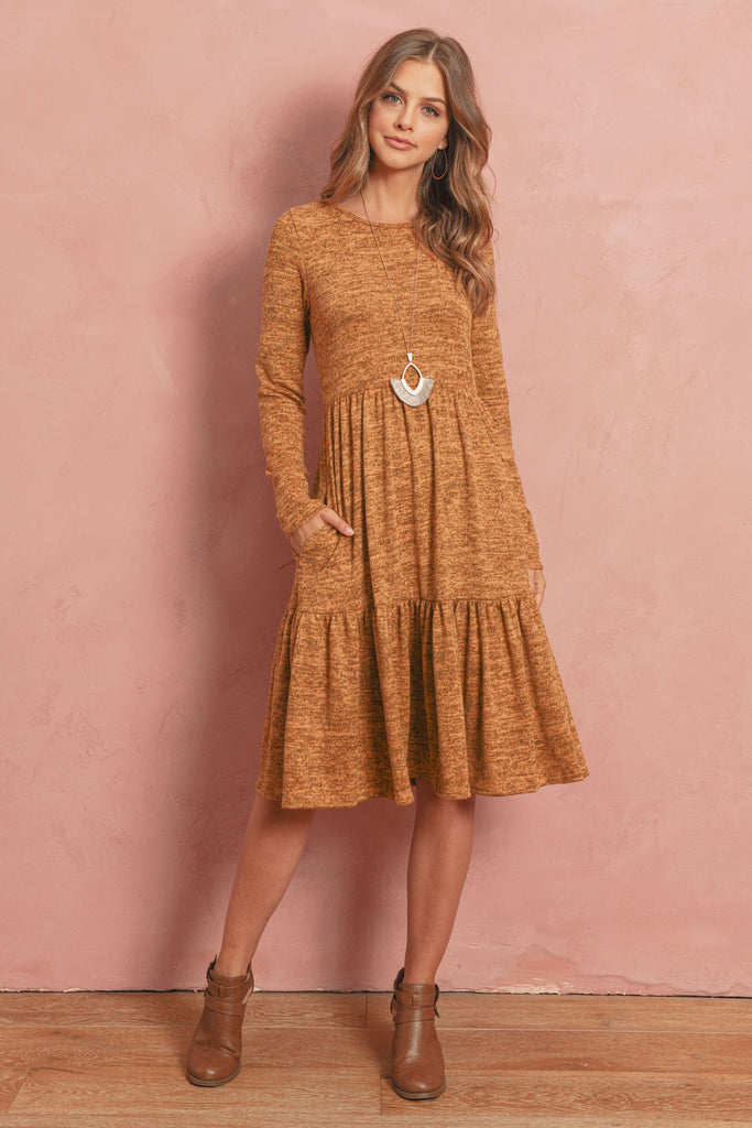 Two Tone Brushed Hacci Tiered Pocket Dress