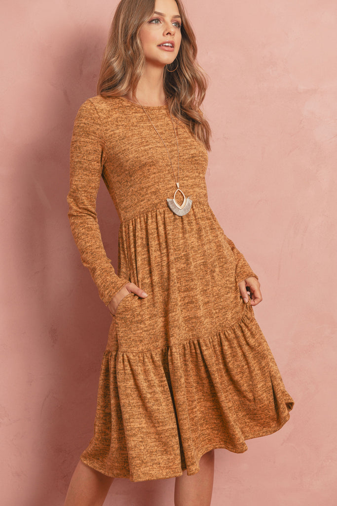 Two Tone Brushed Hacci Tiered Pocket Dress