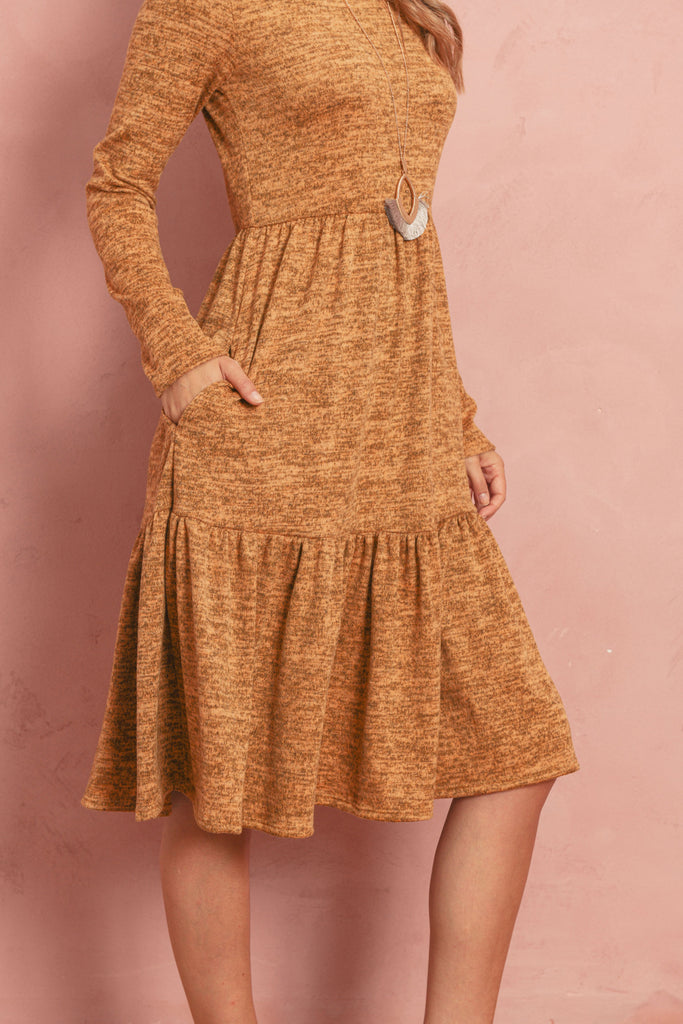 Two Tone Brushed Hacci Tiered Pocket Dress