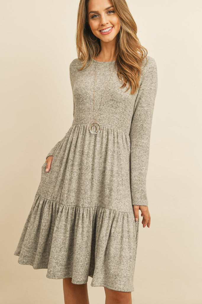 Two Tone Brushed Hacci Tiered Pocket Dress