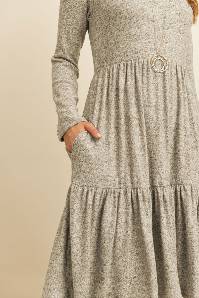 Two Tone Brushed Hacci Tiered Pocket Dress