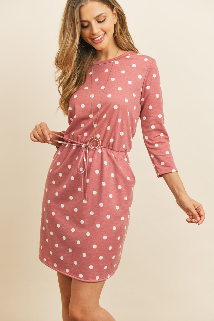 Polka Dot Print French Terry Cinch Waist Tie Front Dress with Pockets