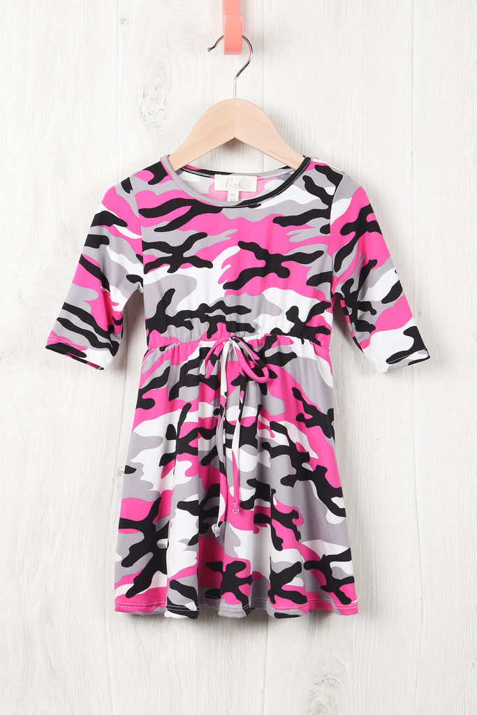 Toddler Girls Quarter Sleeved Cinch Waist Self Tie Front Camo Dress