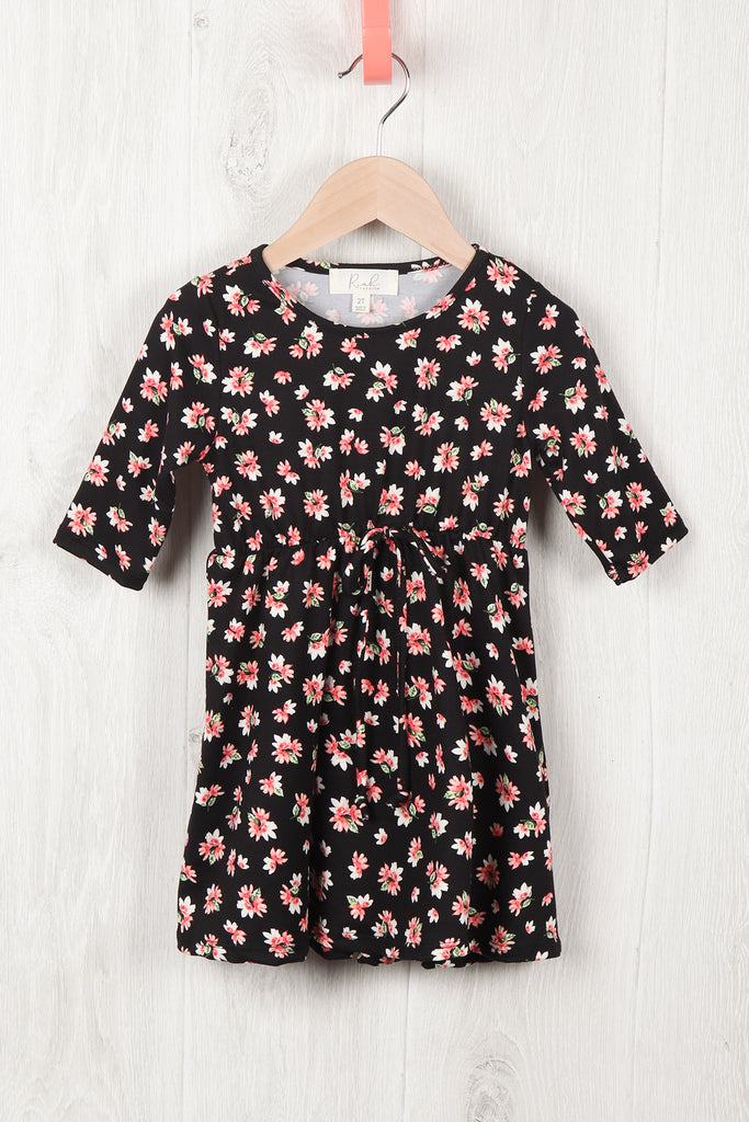 Toddler Girls Quarter Sleeved Floral Cinch Waist Ribbon Detail Dress