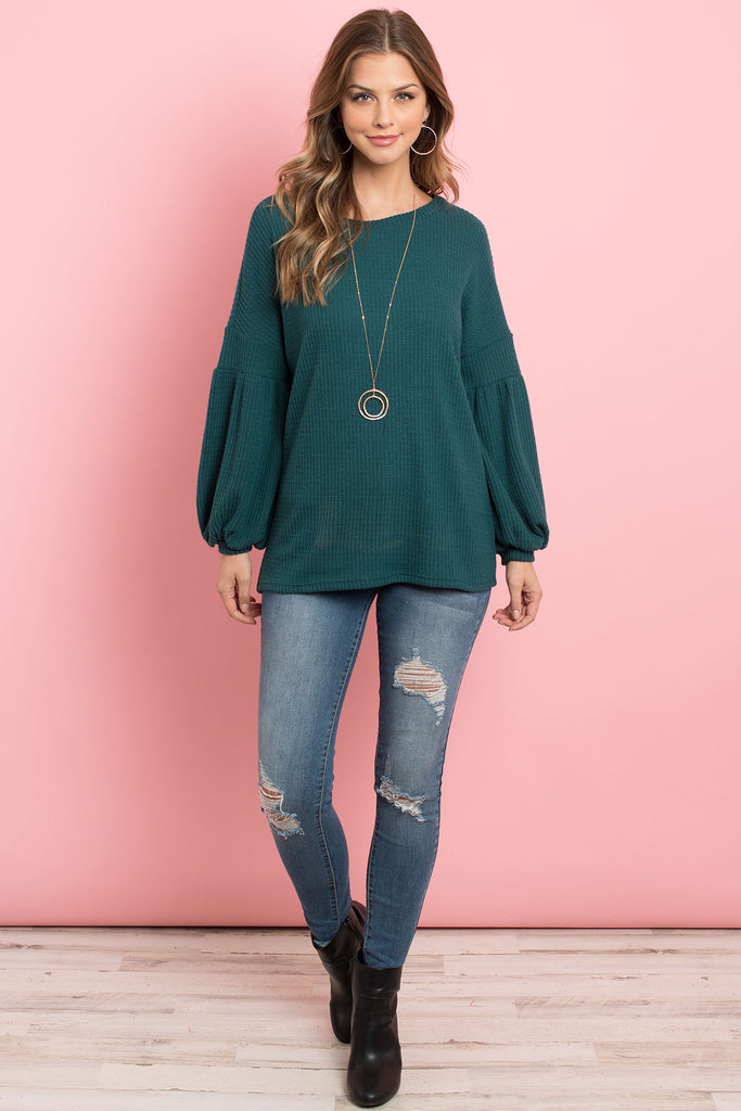 Solid Waffle Puff Sleeved Sweater
