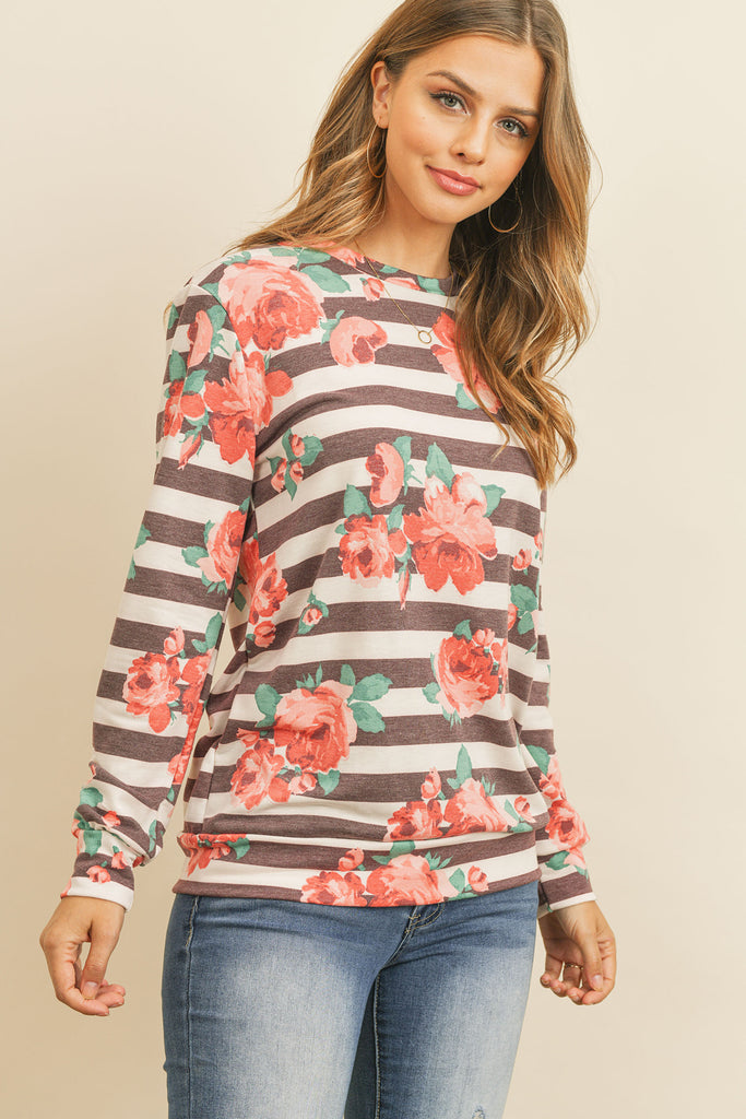 Round Neck Floral Striped Pullover