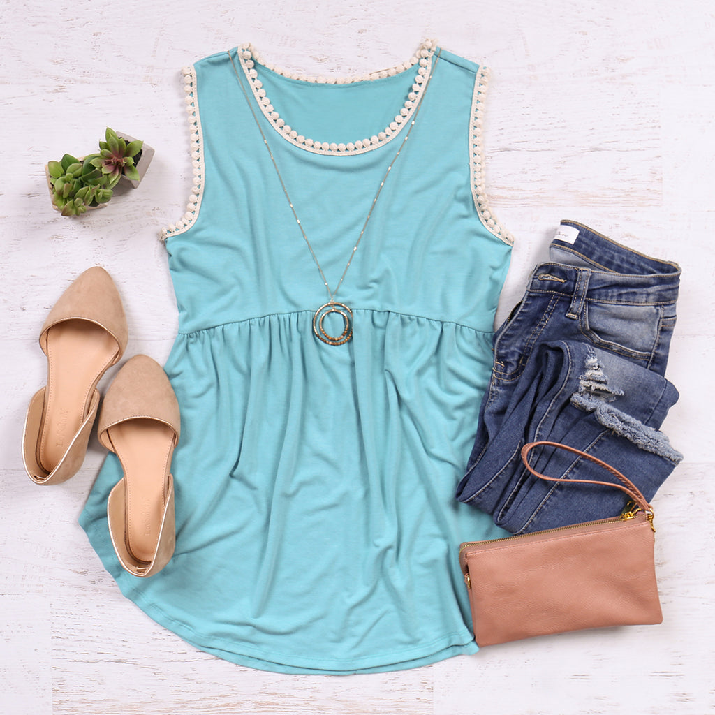Pompom Detail Sleeveless Empire Tunic