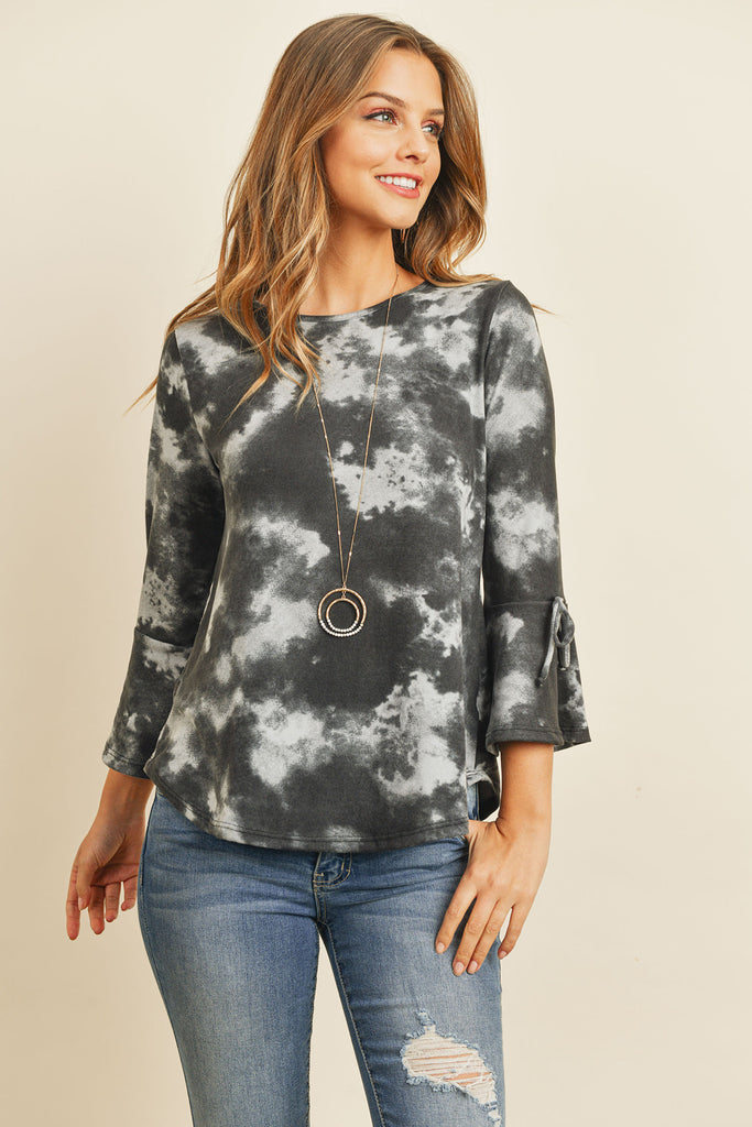 Tie Dye Bell Sleeved Ribbon Detail Swing Top