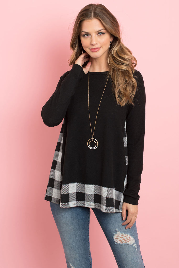 Plaid Contrast Long Sleeve Solid Top