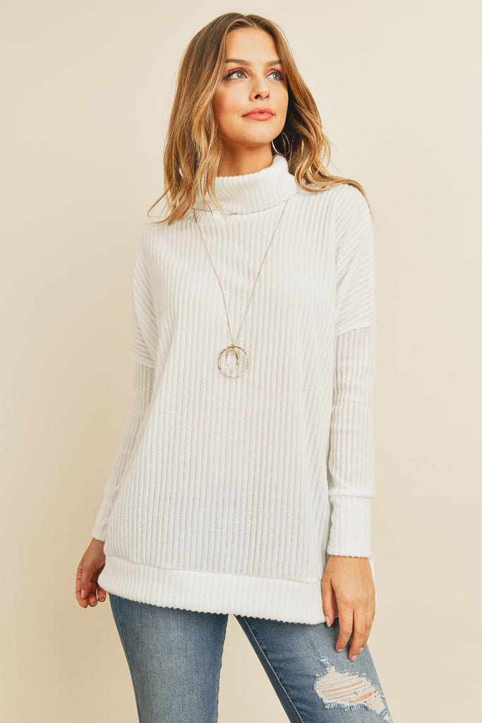 Waffle Cowl Neck Side Slit Sweater
