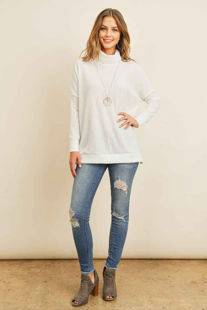 Waffle Cowl Neck Side Slit Sweater