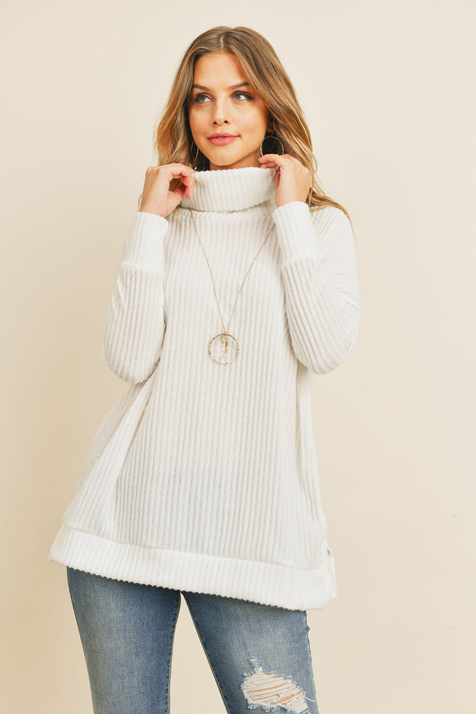Waffle Cowl Neck Side Slit Sweater