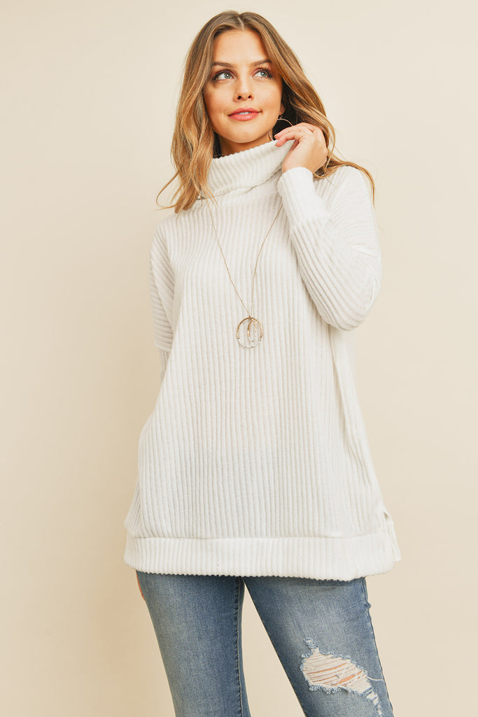 Waffle Cowl Neck Side Slit Sweater