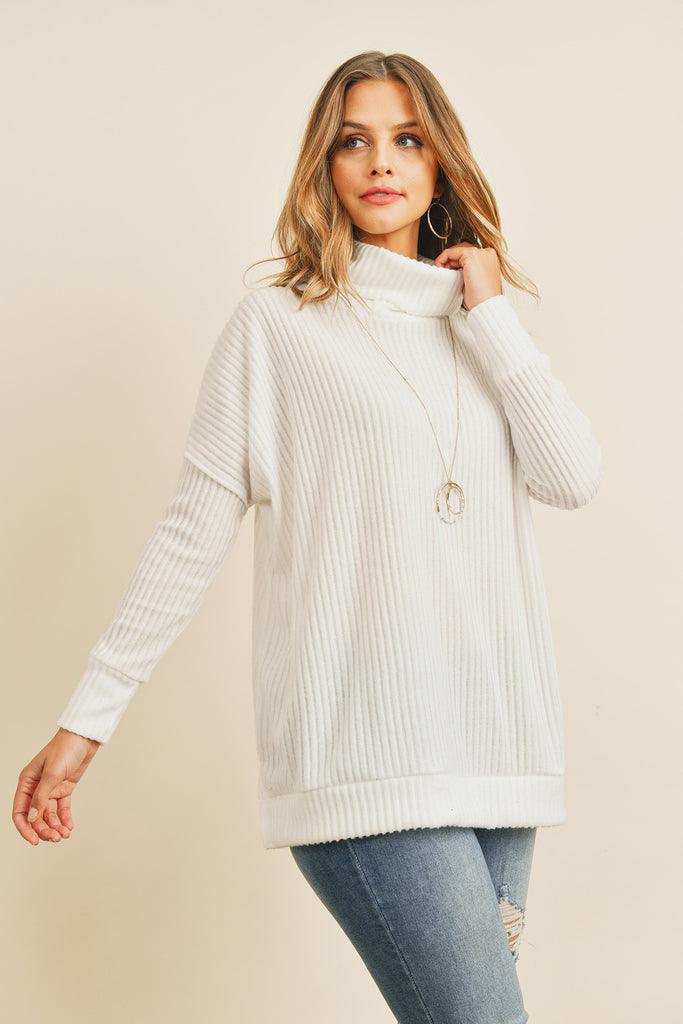 Waffle Cowl Neck Side Slit Sweater