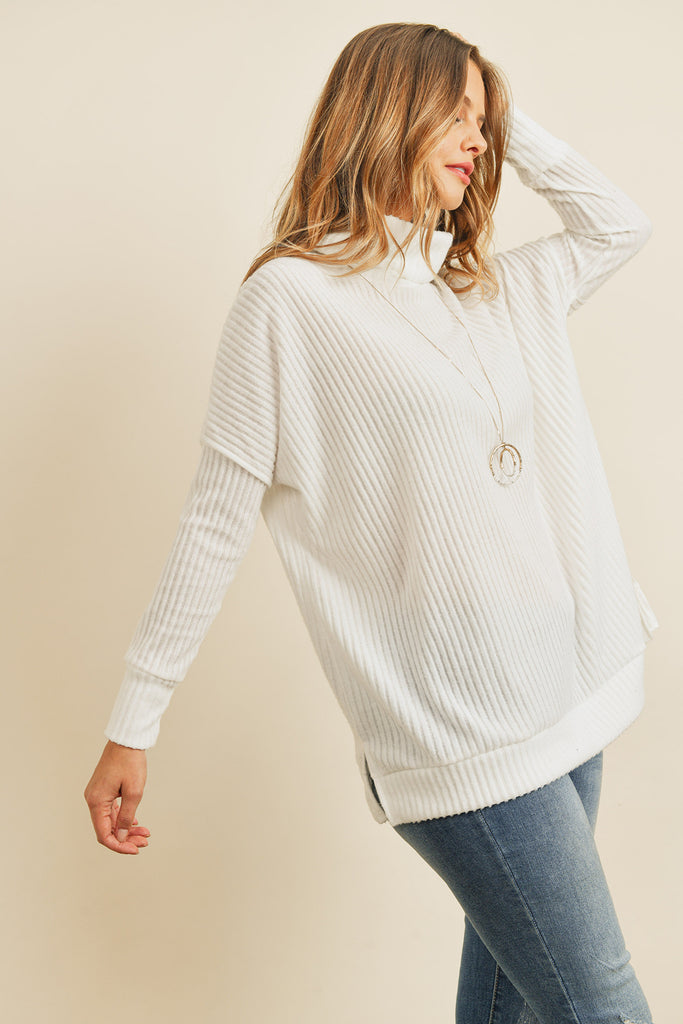 Waffle Cowl Neck Side Slit Sweater