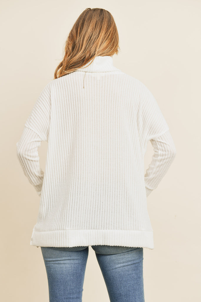 Waffle Cowl Neck Side Slit Sweater