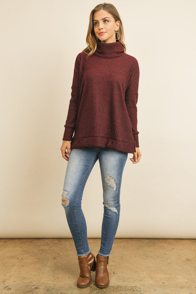 Waffle Cowl Neck Side Slit Sweater