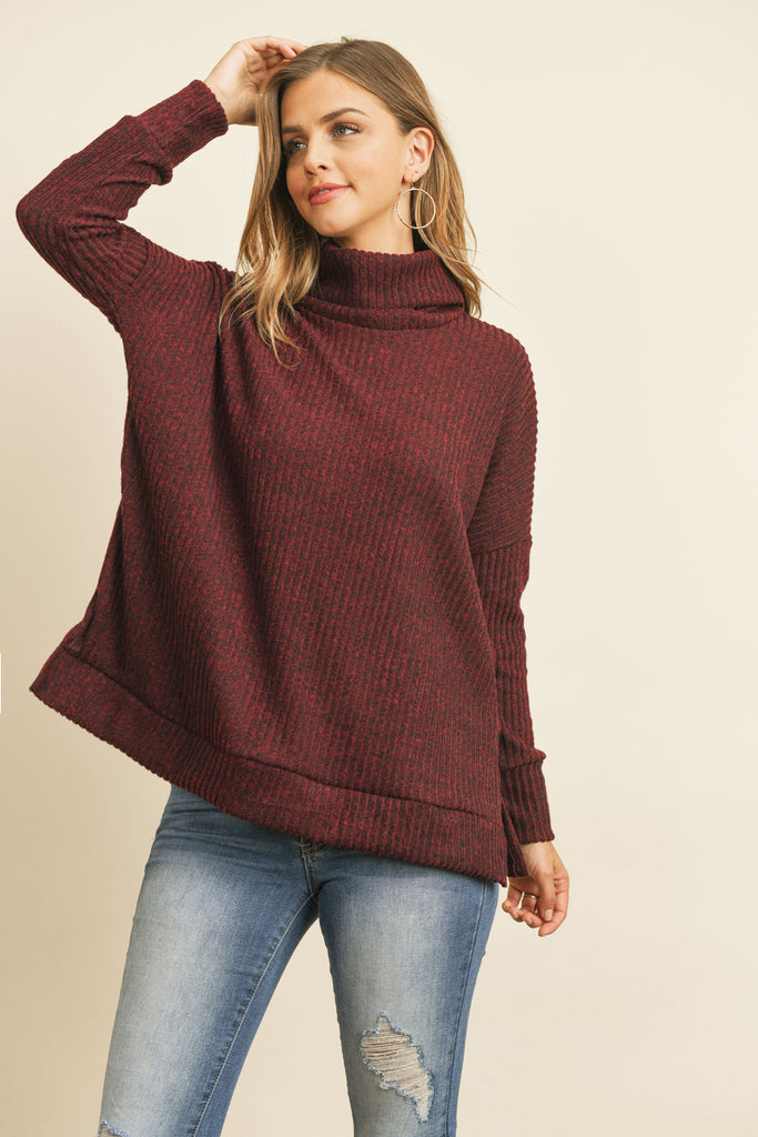 Waffle Cowl Neck Side Slit Sweater