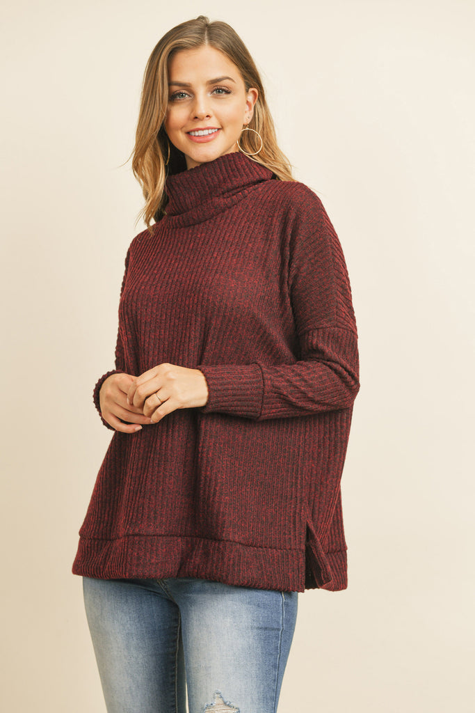 Waffle Cowl Neck Side Slit Sweater