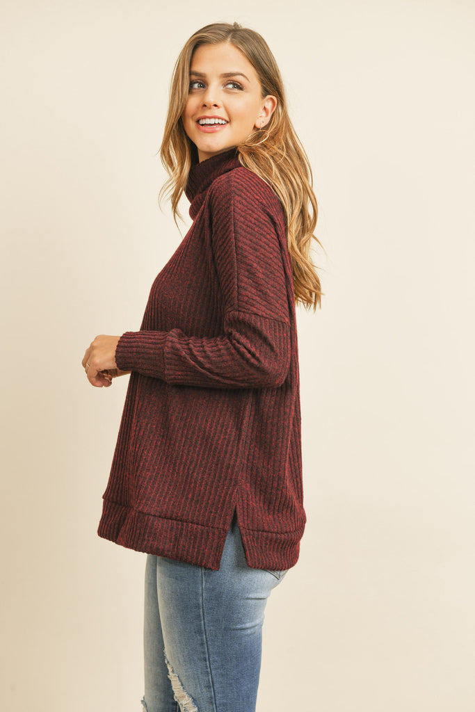 Waffle Cowl Neck Side Slit Sweater