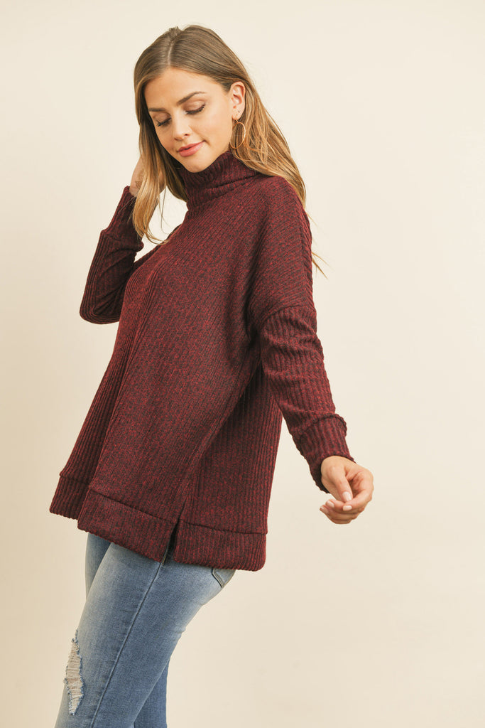 Waffle Cowl Neck Side Slit Sweater
