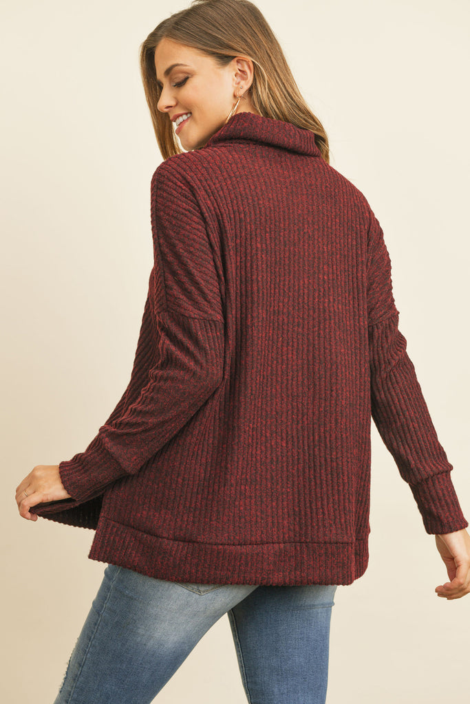 Waffle Cowl Neck Side Slit Sweater