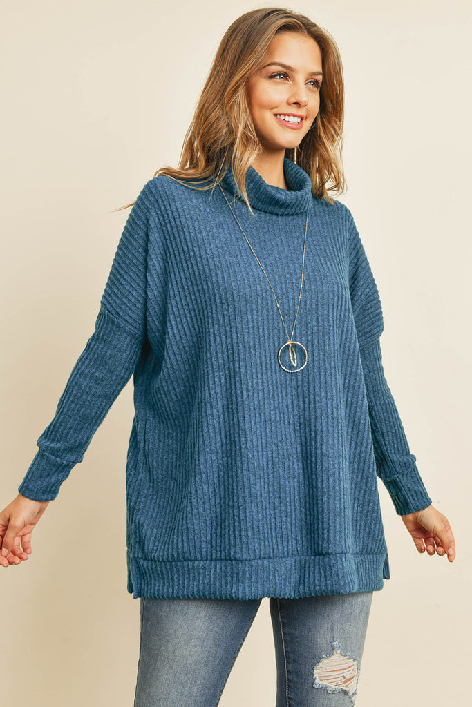 Waffle Cowl Neck Side Slit Sweater