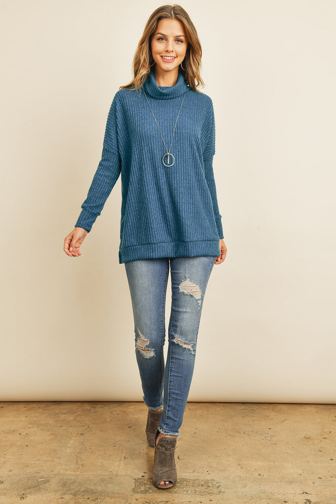 Waffle Cowl Neck Side Slit Sweater