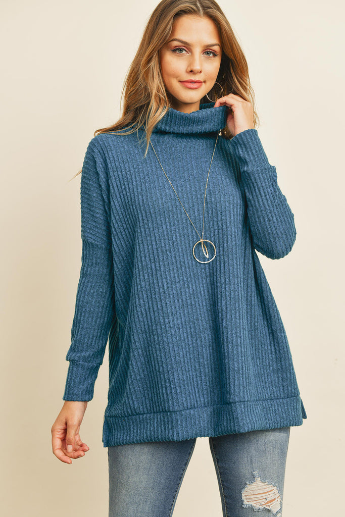 Waffle Cowl Neck Side Slit Sweater