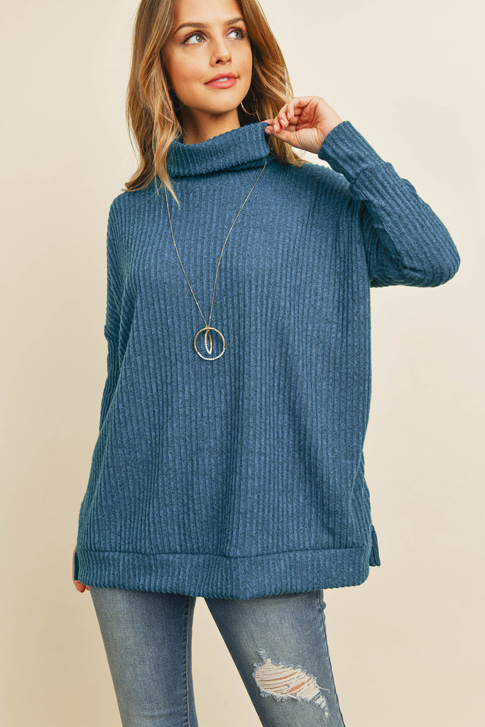 Waffle Cowl Neck Side Slit Sweater