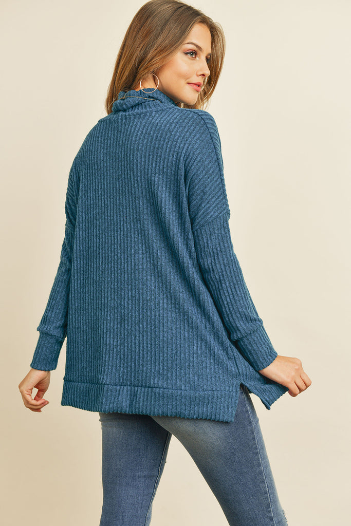 Waffle Cowl Neck Side Slit Sweater
