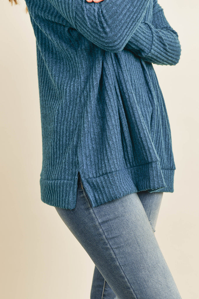 Waffle Cowl Neck Side Slit Sweater