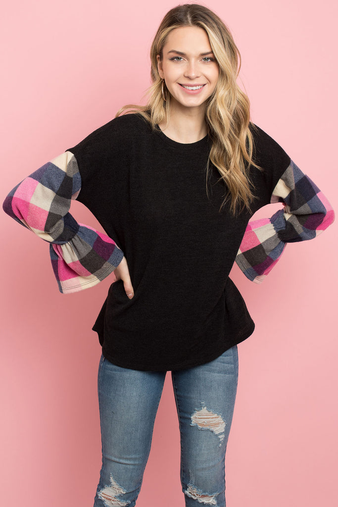 Plaid Bell Sleeves Mier Sweater