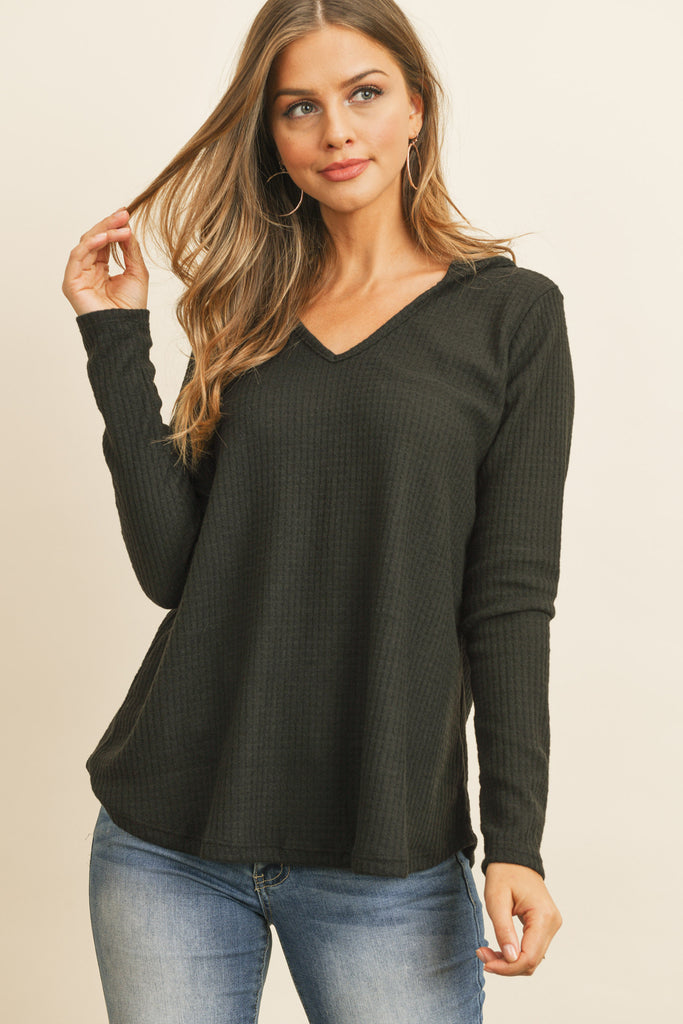 V-Neck Long Sleeved Waffle Top